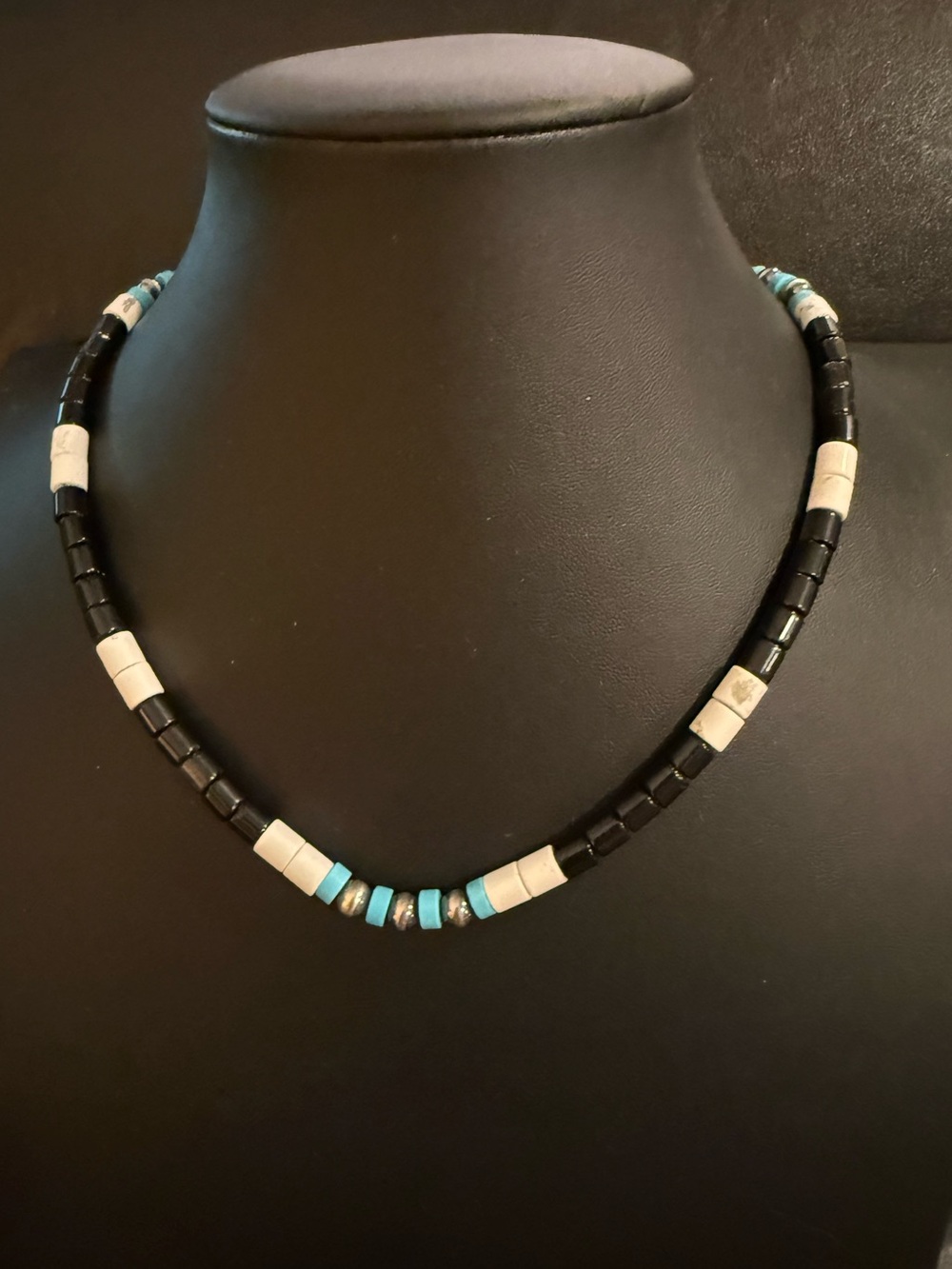 Vintage Southwestern Sterling Silver Navajo Pearls Turquoise Onyx Bead Necklace
